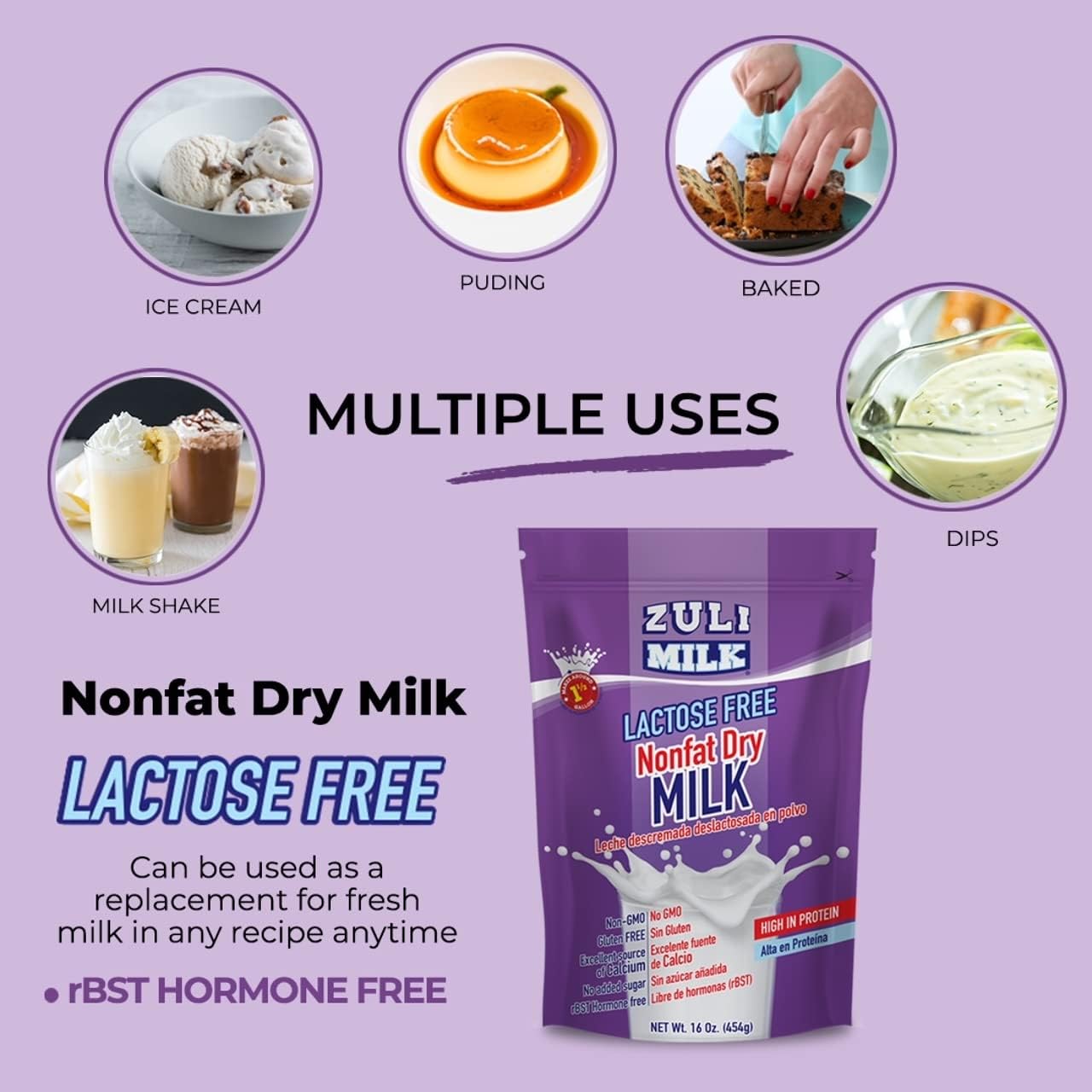ZULI MILK Nonfat Dry Milk Powder - Fat Free, Lactose Free, Non-GMO, Good Source of Protein & Calcium - 16oz Pack
