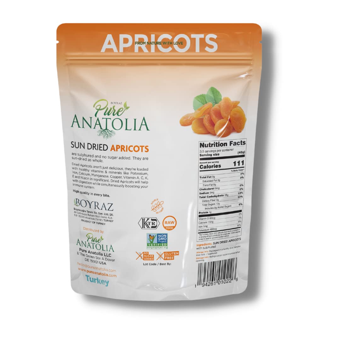 100% Turkish Sun Dried Apricots by Pure Anatolia, No Sugar Added, Non GMO, Vegan, Halal, Kosher, Healthy Whole Fruit Fiber Snack