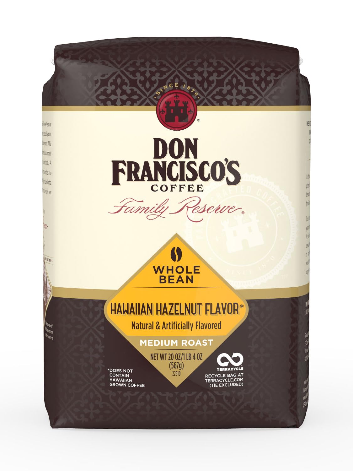 Don Franciscos Hawaiian Hazelnut Coffee, 100% Arabica, Medium Whole Bean, 20 oz Bag