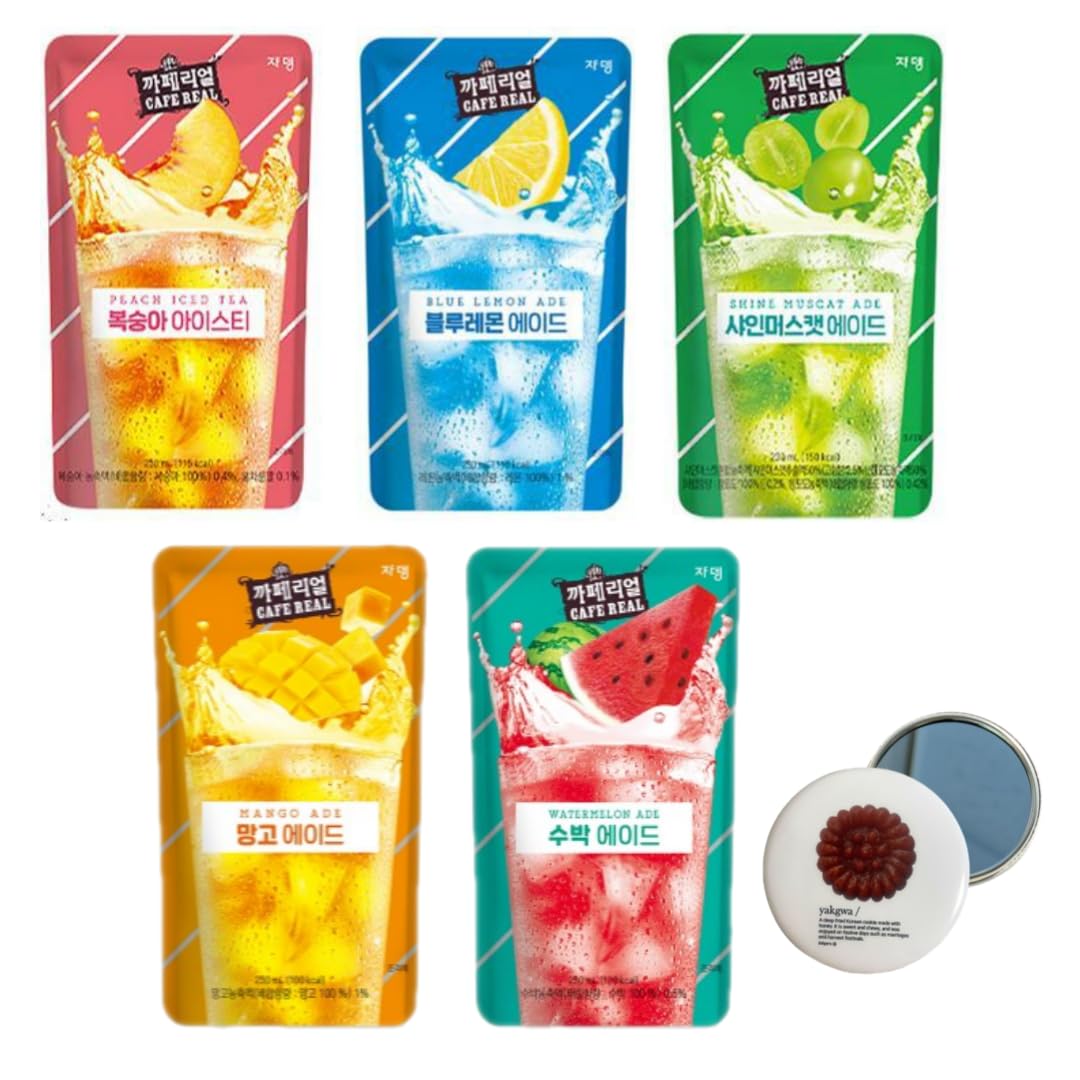 Korean Covenienve Store Drink Pouch Sampler Set - 5 Pack 10 Pack (Grape, Strawberry, Blue Lemonade, Peach Ice Tea, Shine Muscat) + Dalgaru Yakgwa Mirror (New Ade 5 Pack)