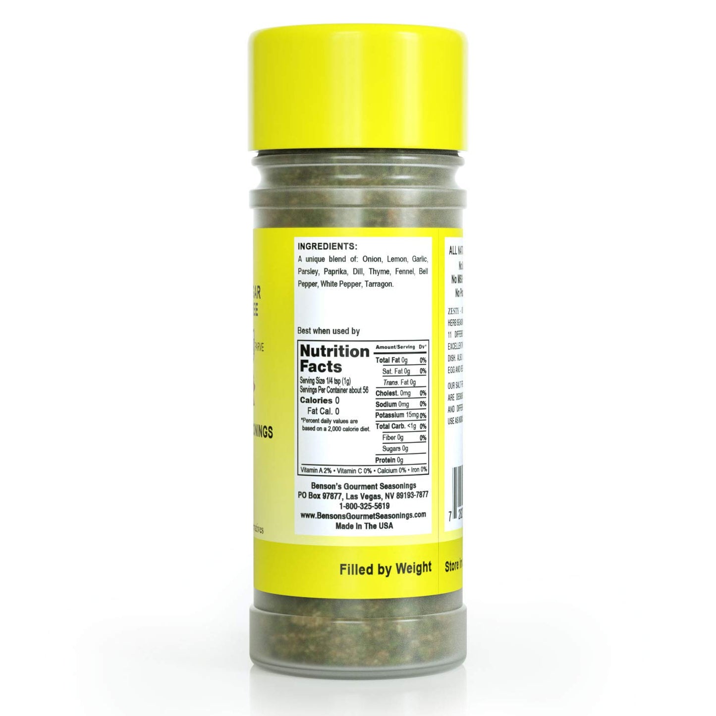 Benson's Zesty Lemon & Herb Seasoning - Salt-Free, Sugar-Free, Gluten-Free Blend - 2 oz Bottle with Shaker - 11 Herbs & Spices