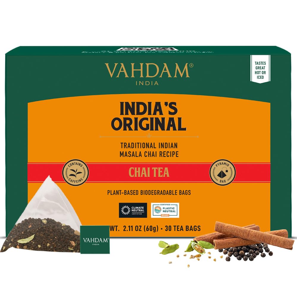 VAHDAM Masala Chai Tea Bags, 30 Count, Non-GMO, Gluten-Free, with Exotic Spices, Resealable Ziplock Pouch, Black