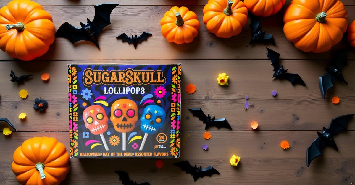 Halloween Sugar Skull Lollipops Candy, 24 Pack, Dia De Los Muertos, Strawberry, Orange, and Blue Raspberry Suckers