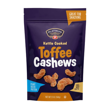 Platinum Toffee Cashews - Plant-Based Protein Snack - 13 oz Resealable Pouch