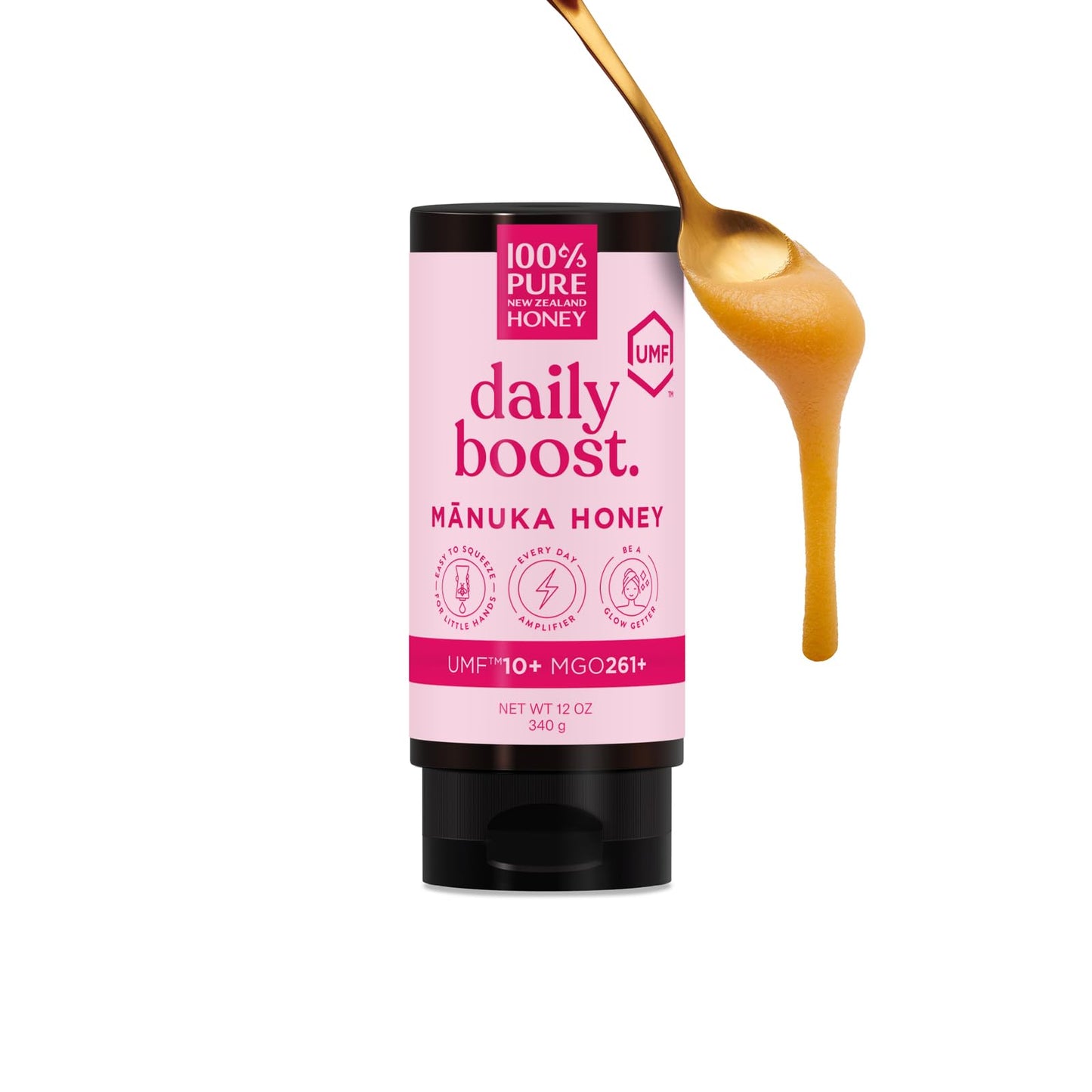 100% Pure New Zealand Honey Manuka Honey 100% Pure UMF 10+ Raw & Unfiltered 12 Oz Squeezy Bottle