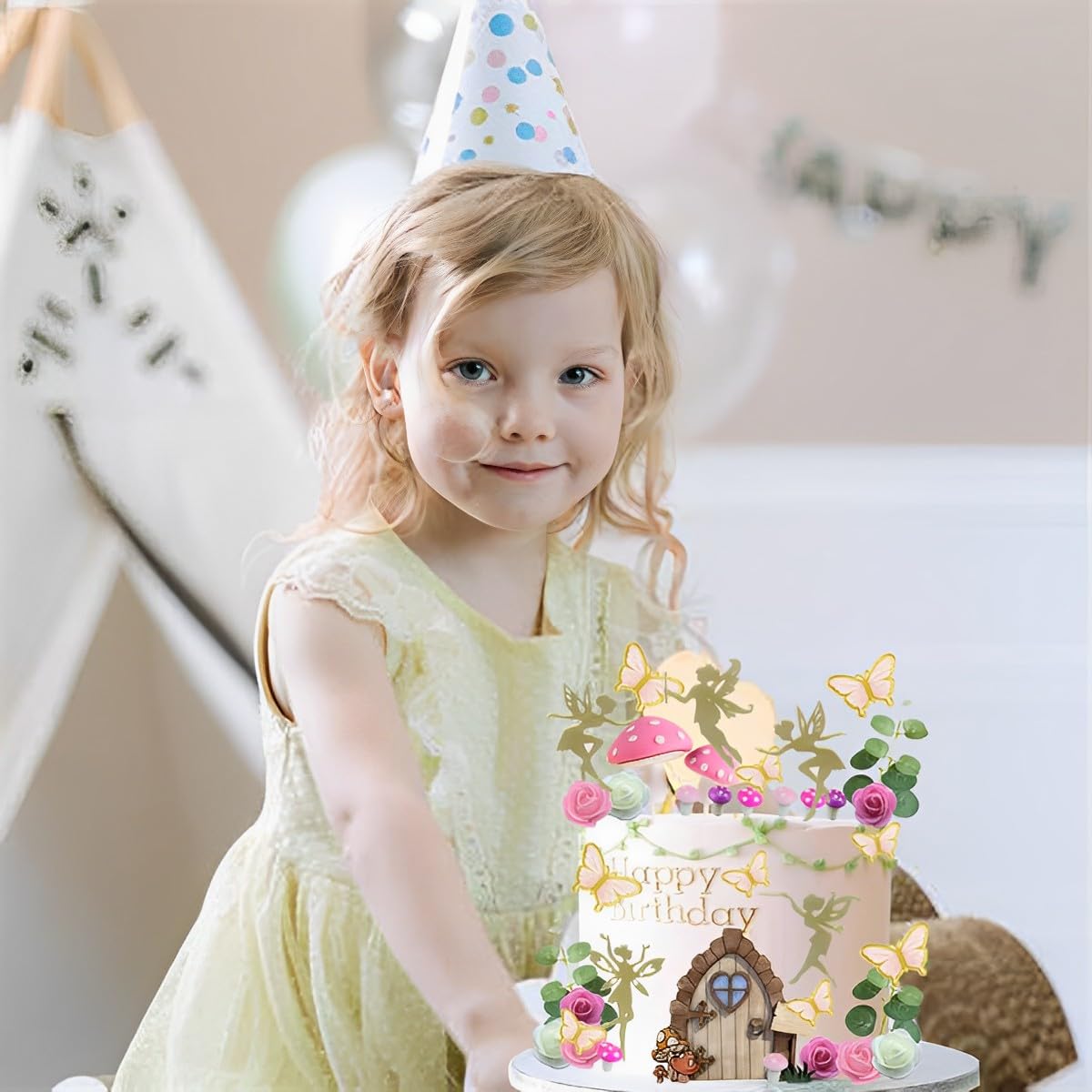 Lxasiy 39Pcs Fairy Cake Toppers Fairy Cake Decoration Pink Mushroom Door Butterfly Flowers Cake Decoration Fairy Garden Topper F