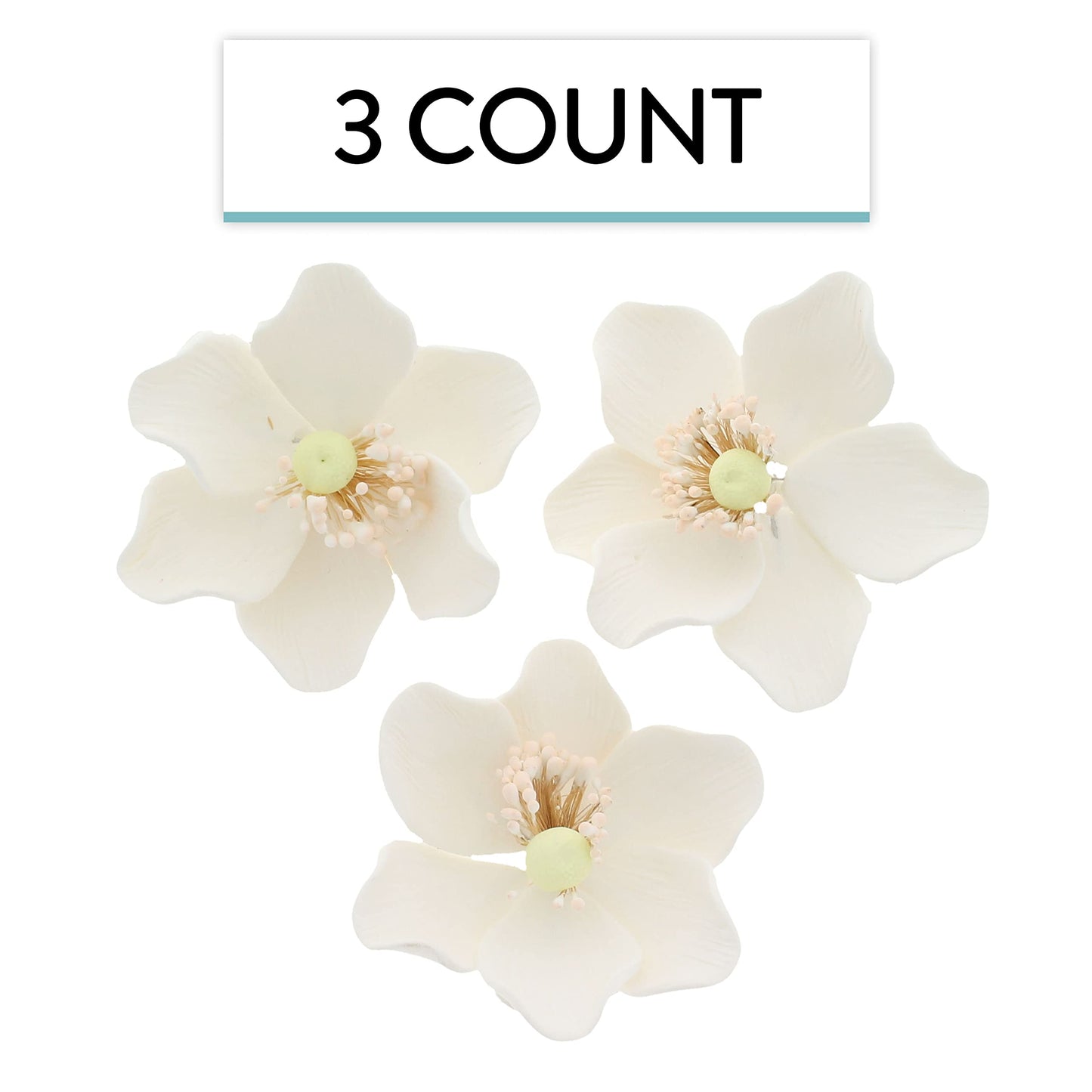 Global Sugar Art Poppy Anemone Sugar Cake Flowers, 3 Count, Sugar-Based, White with Green Center