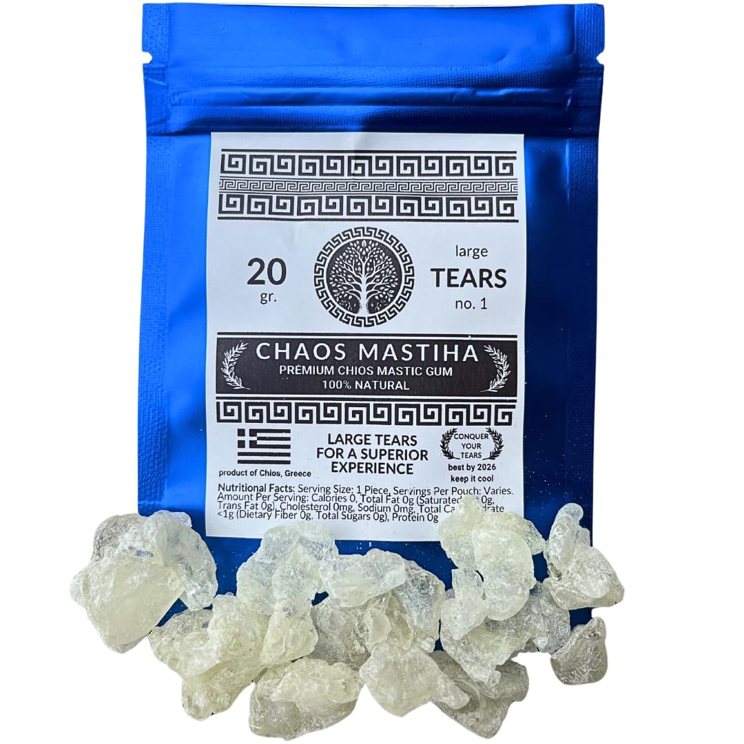 Pure Chios Mastiha Mastic Gum 20G – Chaos Mastiha Large Greek Resin Tears For Jaw Strength & Chewing – Natural, Sugar-Free, Calorie-Free, Long-Lasting Alternative To Jaw Exercisers & Gum