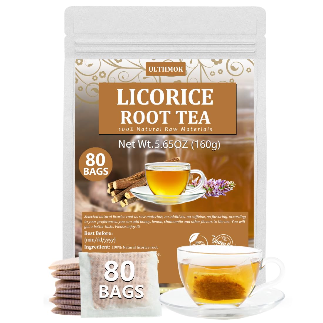 ULTHMOK Premium Licorice Root Tea Bags, 100% Wild Licorice, Caffeine Free, 80 Count