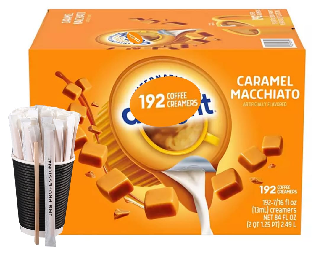 JMS PROFESSIONAL Coffee Creamer Single Caramel Macchiato 192 ct. with 20 Wooden Stirrer Sticks