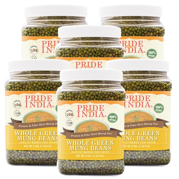 Pride Of India - PACK of 6 - Indian Whole Green Mung Gram - Protein & Fiber Rich Mung Bean Whole, 3 Pound Jar