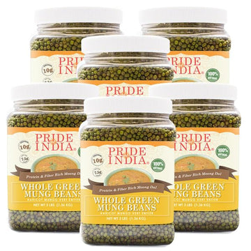 Pride Of India - PACK of 6 - Indian Whole Green Mung Gram - Protein & Fiber Rich Mung Bean Whole, 3 Pound Jar