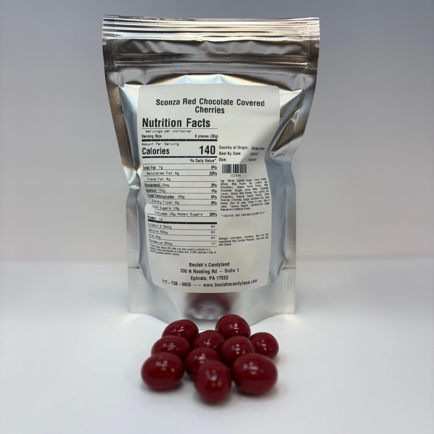 Beulah'S Red Chocolate Covered Dried Cherries, 1 Pound Package, 80 Pieces Of Candy