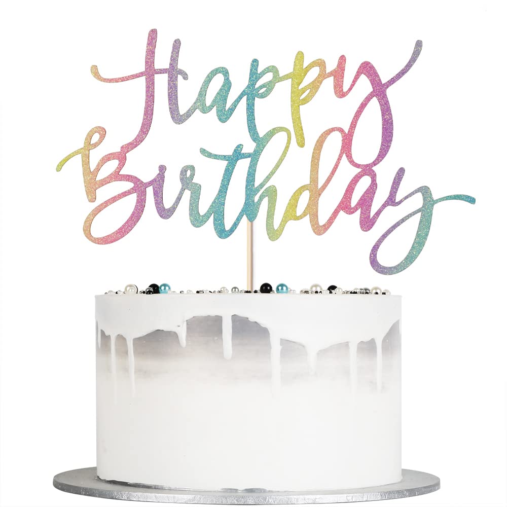 Auteby Rainbow Happy Birthday Cake Topper, Glitter Birthday Party Decoration Supplies