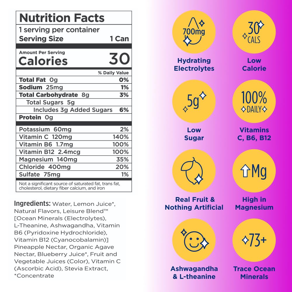 Leisure Drinks - Blueberry Electrolyte Drink [Electrolyte Refresher - 16oz Cans, 12pk] - Low Sugar Hydration Drink - Healthy Bev