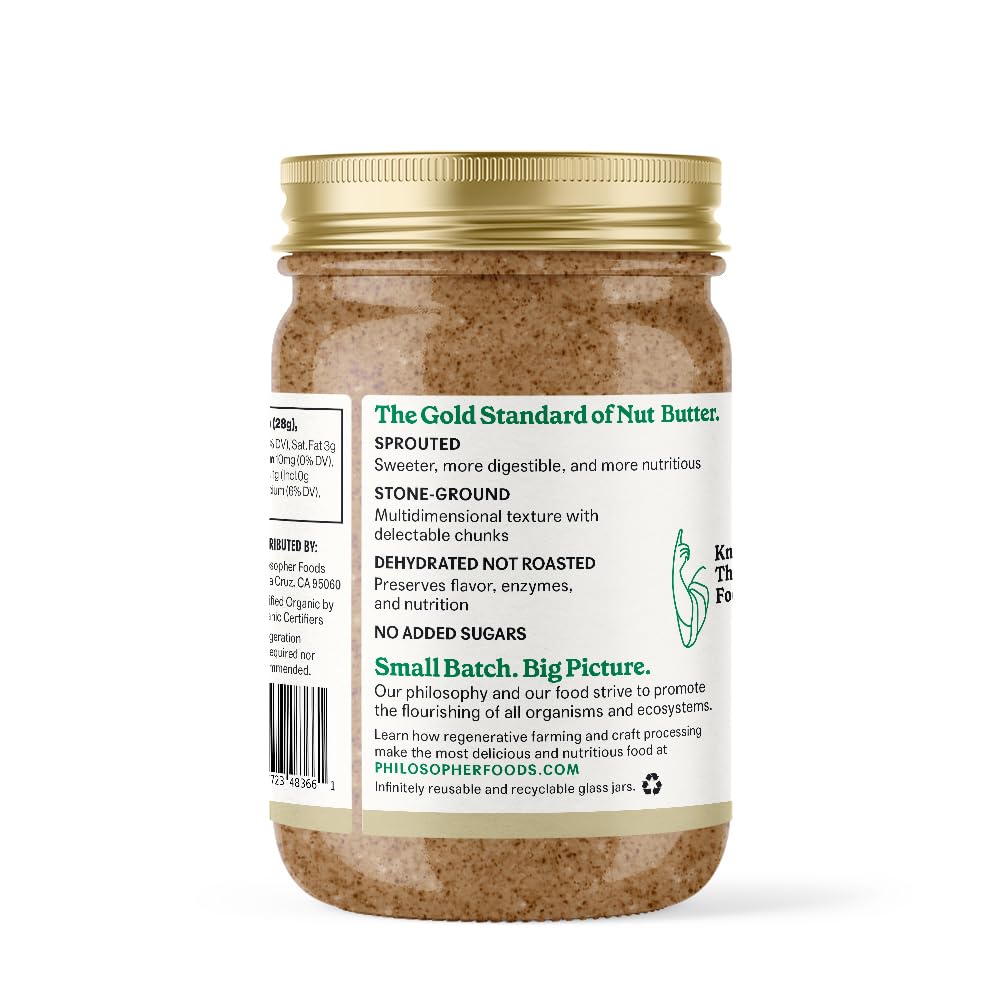 Philosopher Foods Crunchy Alchemy Sprouted Almond Nut Butter, 16 Oz. - Thick Organic Butter, Natural Sweetness, Stone Ground Alm