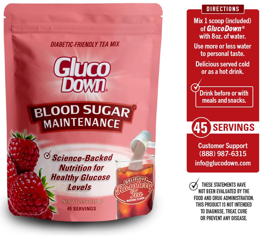 Glucodown, Delicious Raspberry Tea Mix, Protected Design Pending Dietary Fiber Formula For Maintenance Of Healthy Blood Sugar & Cholesterol, 45 Servings.