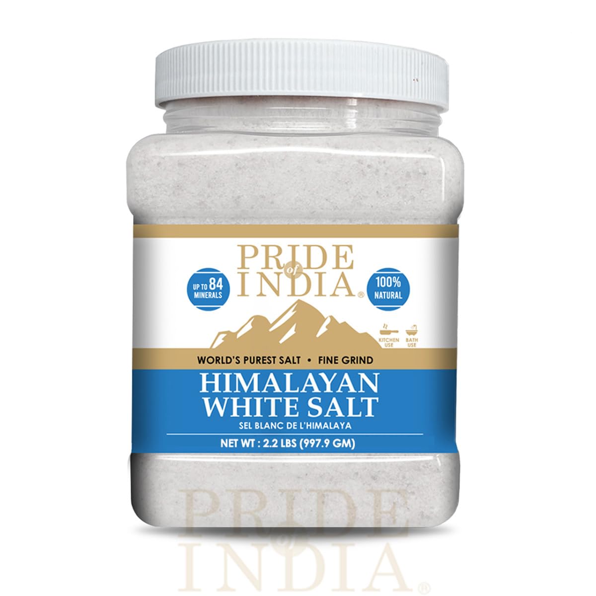 Pride of India- Himalayan White Salt Fine Grind 2.2 lbs (997.90 gm)- Rarest & Enriched W/84+ Natural Minerals- Low Sodium- Miner