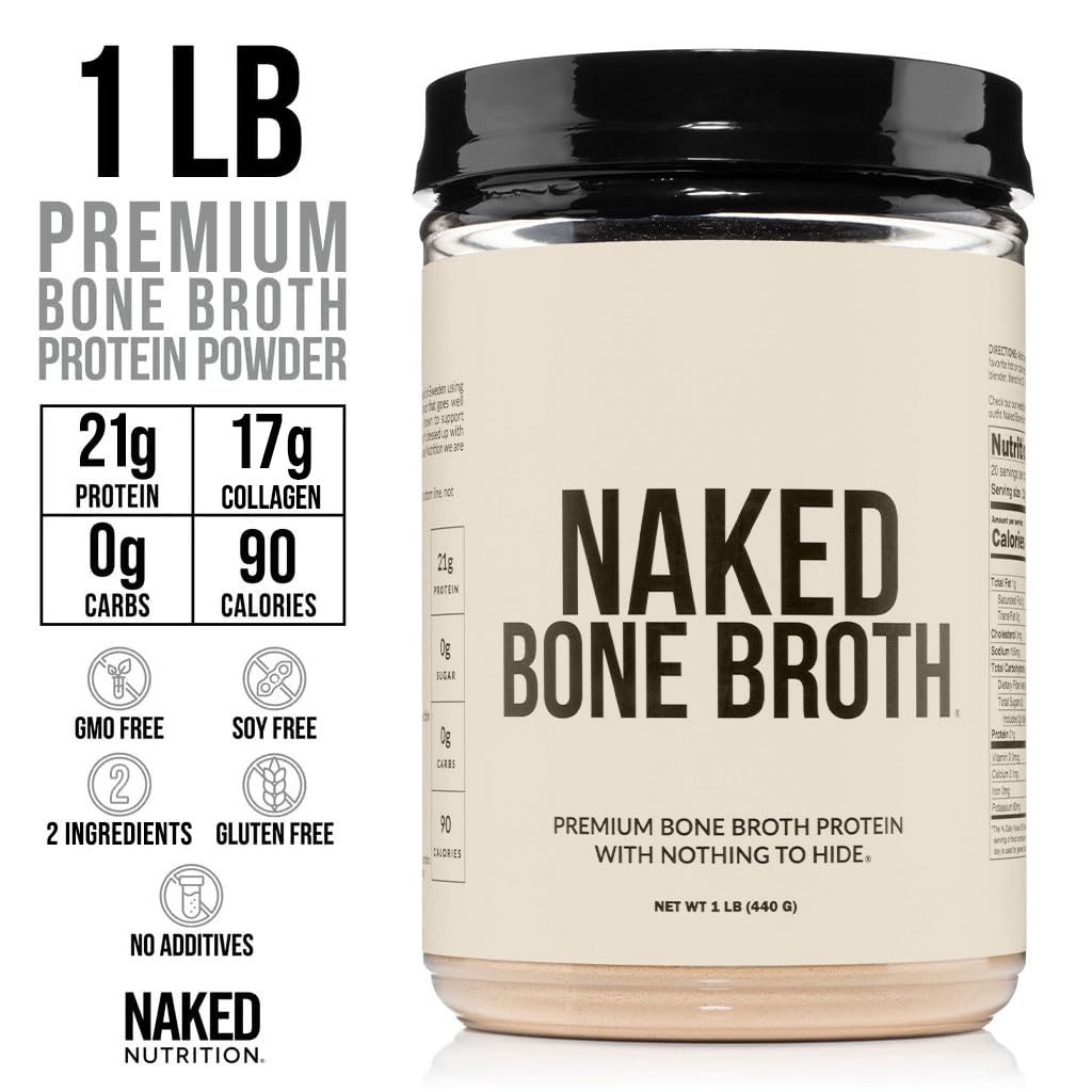 NAKED Beef Bone Broth Protein Powder - 21G Protein, 17G Collagen - Unflavored, Gluten-Free - 1LB