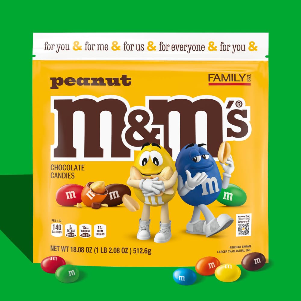 M&MS Peanut Milk Chocolate Candy, Family Size, 18.08 oz Resealable Bulk Bag