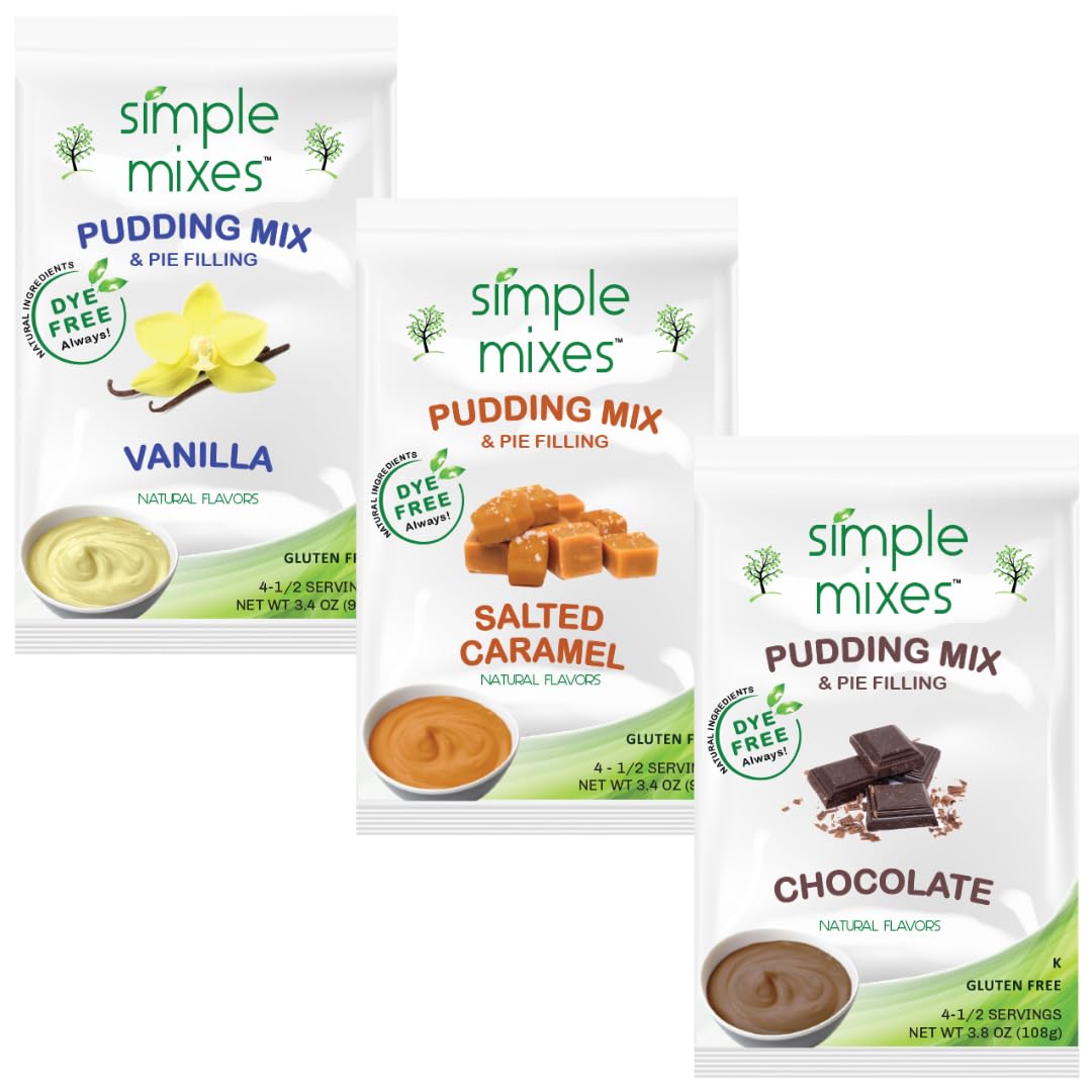 Simple Mixes Natural Instant Pudding Mix, Vanilla, Chocolate, Salted Caramel, Gluten and Dye-Free, No Fat, or Lactose, Kosher, V