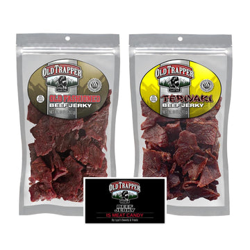 Old Trapper Beef Jerky Gift Set - Traditional & Teriyaki, 2 x 10 oz Bags, Includes Bonus Magnet, by Lyzas Sweets & Treats