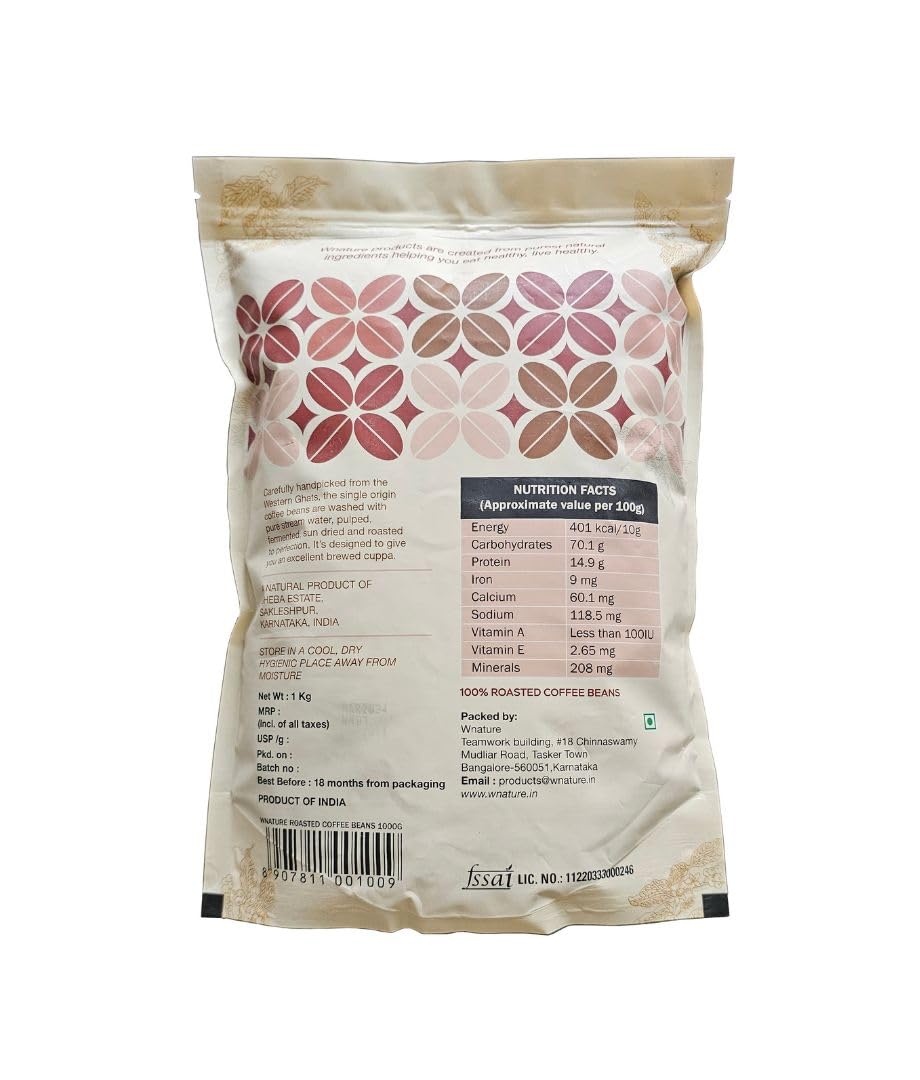 Wnature Organic Roasted, Coffee Beans,Medium Roast, 100% Pure N Natural, Bag, 1Kg
