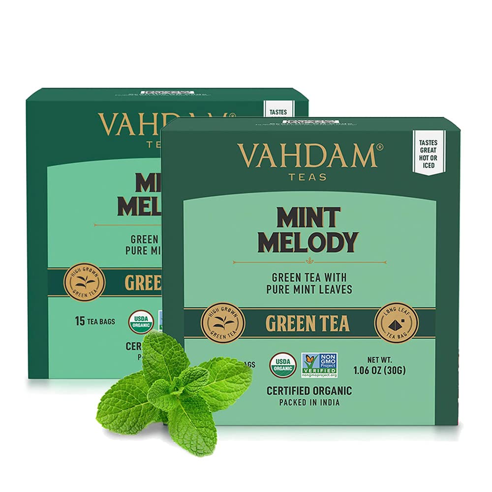 VAHDAM, Mint green Tea, (30 Tea Bags)  gARDEN FRESH Mint green Tea Bags  LONg LEAF gREEN TEA Leaves  100% NATURAL Spearmint & Pe