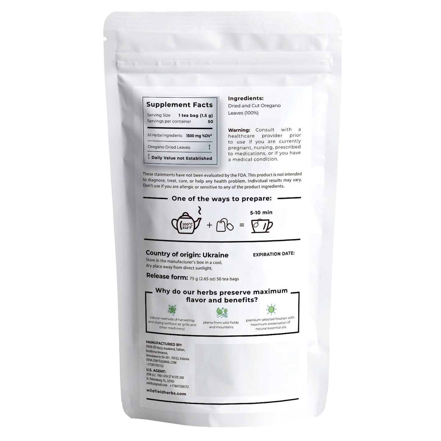 50 Bags Oregano Tea Dried Oregano Leaves Herbal Tea Bag (Origanum Vulgare L.) - 50 Count 1.5G Bags Dry   Gano Leaf Herb