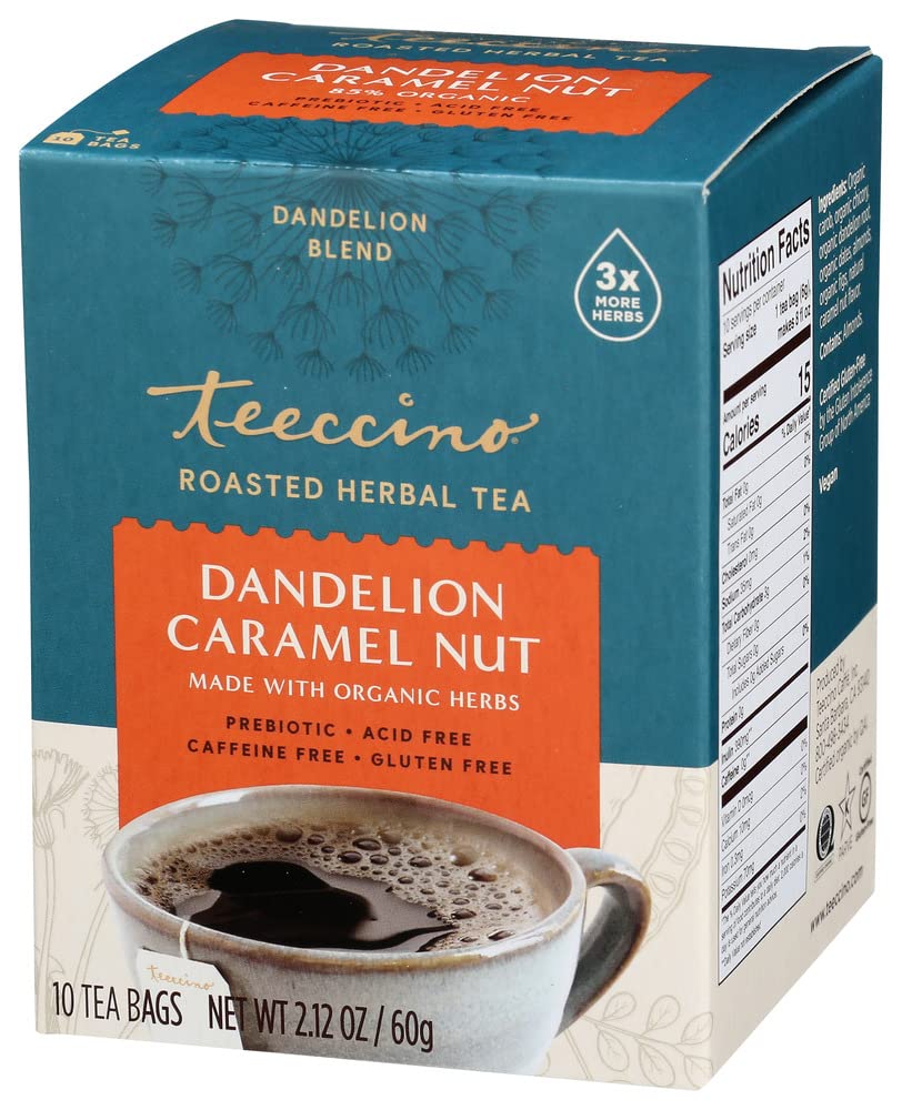 Teeccino Dandelion Caramel Nut Tea - Caffeine Free Herbal Tea, 10 Count, Gluten Free, Model 72346015