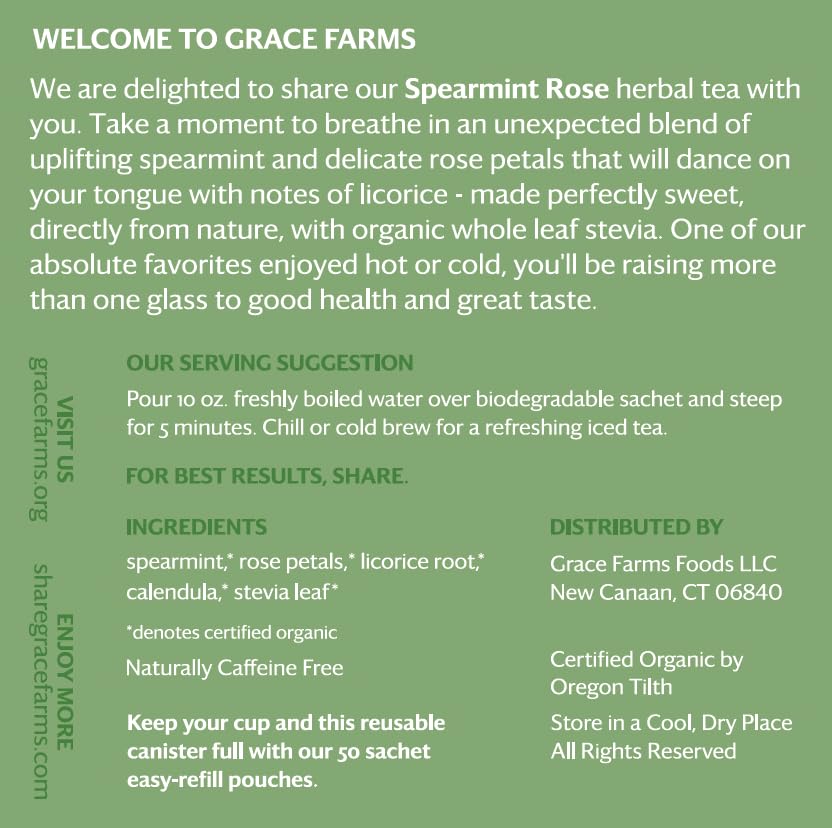 Grace Farms Organic Spearmint Rose Herbal Tea - Caffeine Free, Fair Trade, 16 Pyramid Sachets