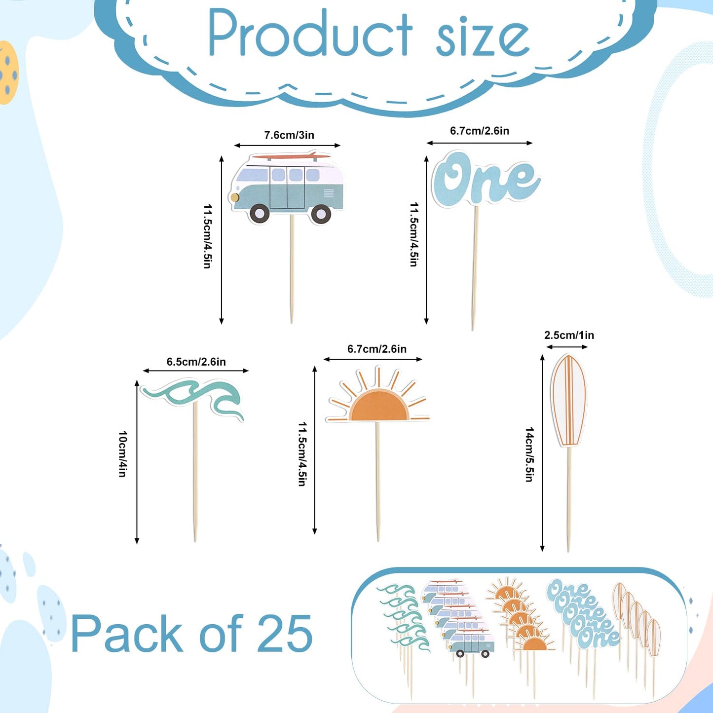 PEUTIER 25pcs Wave Surf Cake Topper, 5 Styles, Paper, Blue/White/Yellow, Model 13104, First Birthday Party Decoration
