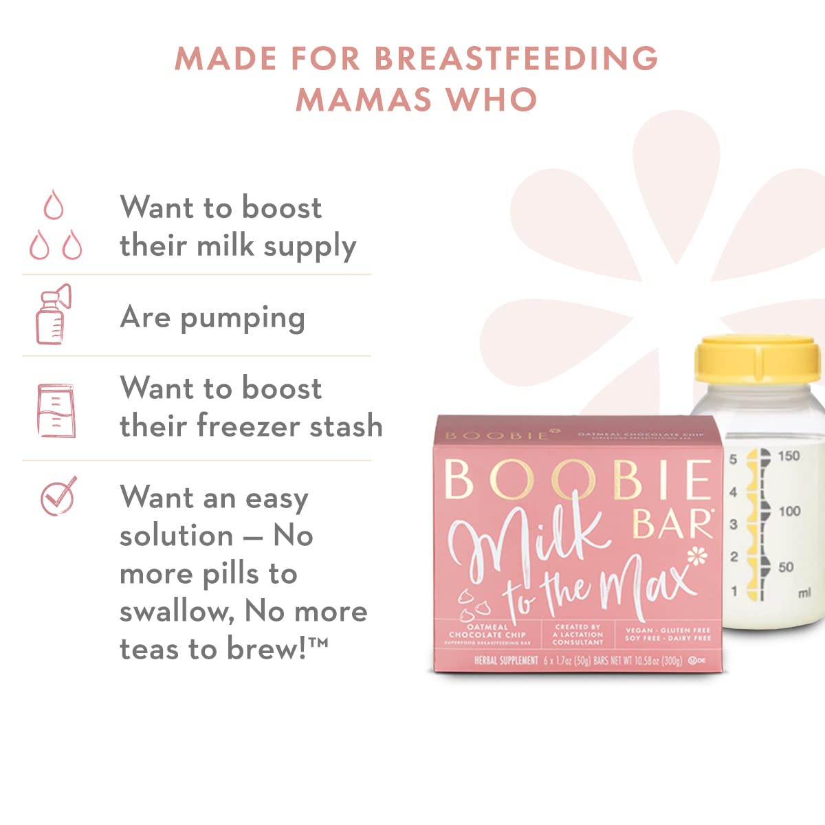 Boobie Brands Superfood Oatmeal Chocolate Chip Lactation Bar - Vegan, Gluten-Free, Dairy-Free, 12 Pack