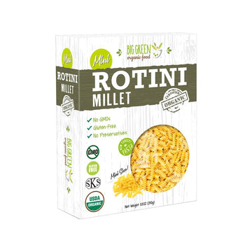 Big Green Organic Food - Organic Mini Millet Rotini Pasta, Gluten-Free, Non-Gmo, Vegan, Plant-Based, Kids Favorite, 8.8 Oz (1 Box)
