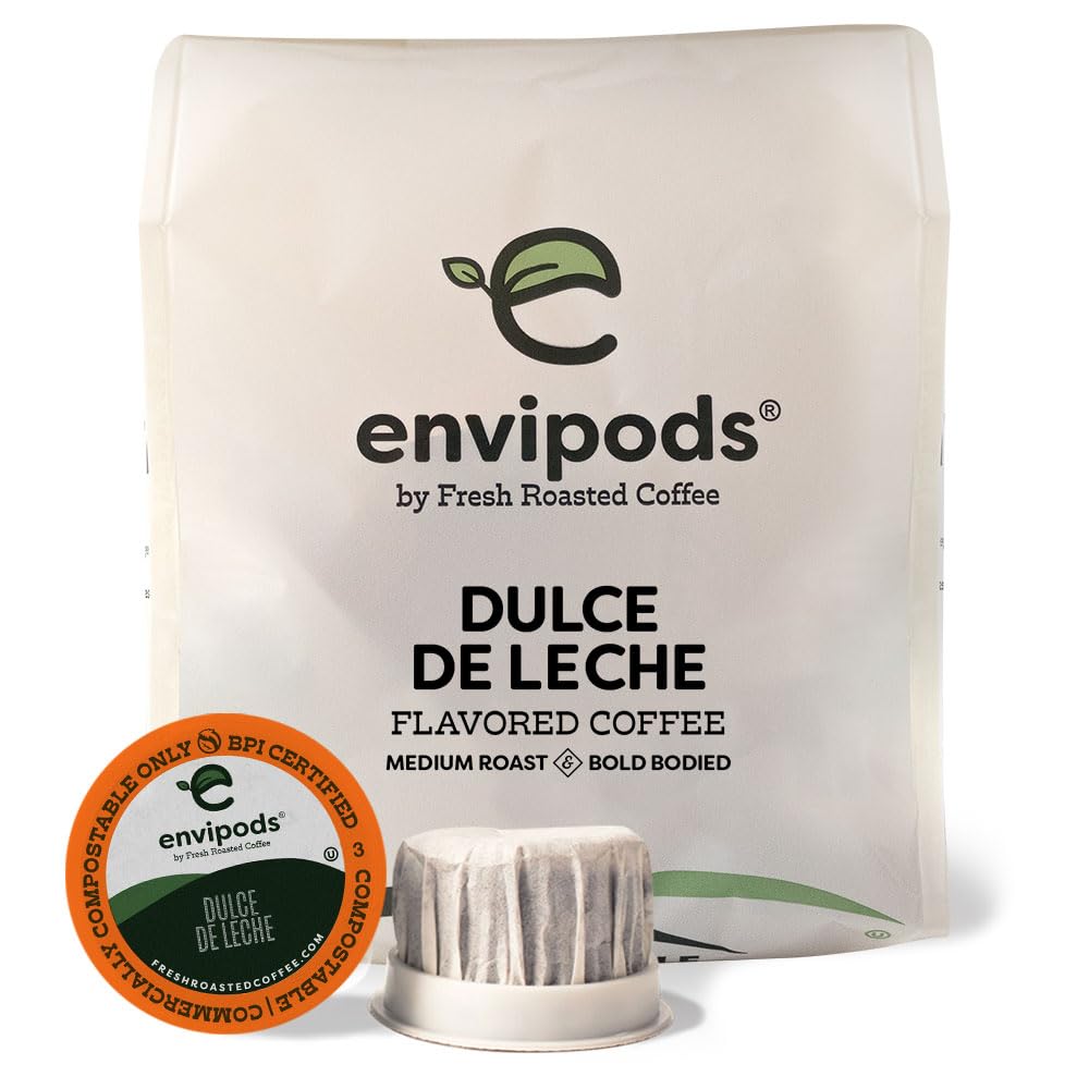 Fresh Roasted Coffee Dulce de Leche Flavored Compostable Envipods, Medium Roast, 12 Count, For Keurig K Cup Brewers