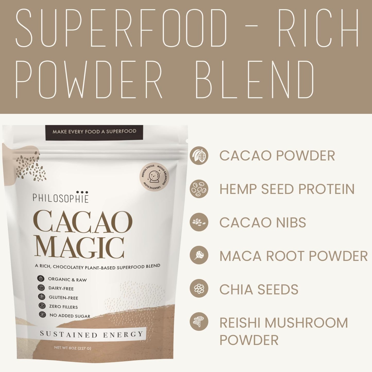 Philosophie Organic Cacao Magic Superfood Blend - Plant-Based Protein Powder, Unsweetened Vegan Chocolate, 8 Ounce