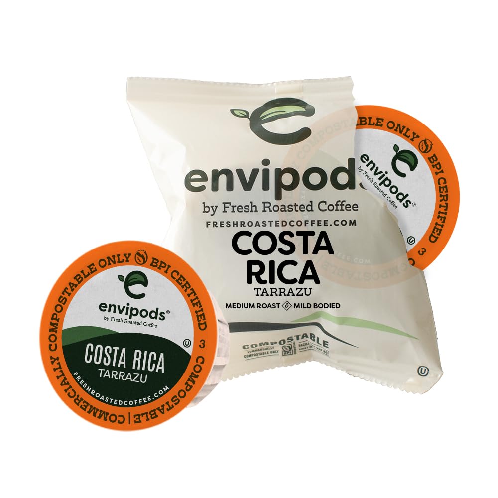 Fresh Roasted Coffee Costa Rica Tarrazu Compostable Envipods, Medium Roast, 36 Count for Keurig K Cup Brewers