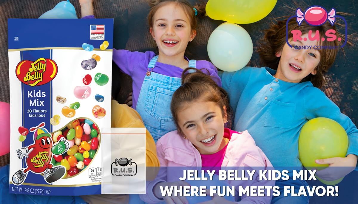 Jelly Belly Jelly Bean Assorted Flavor - 9.8Oz Bag With R.U.S. Candy Pocket Size Travel Bag + 3 R.U.S. Candy Cards (Kids Mix)