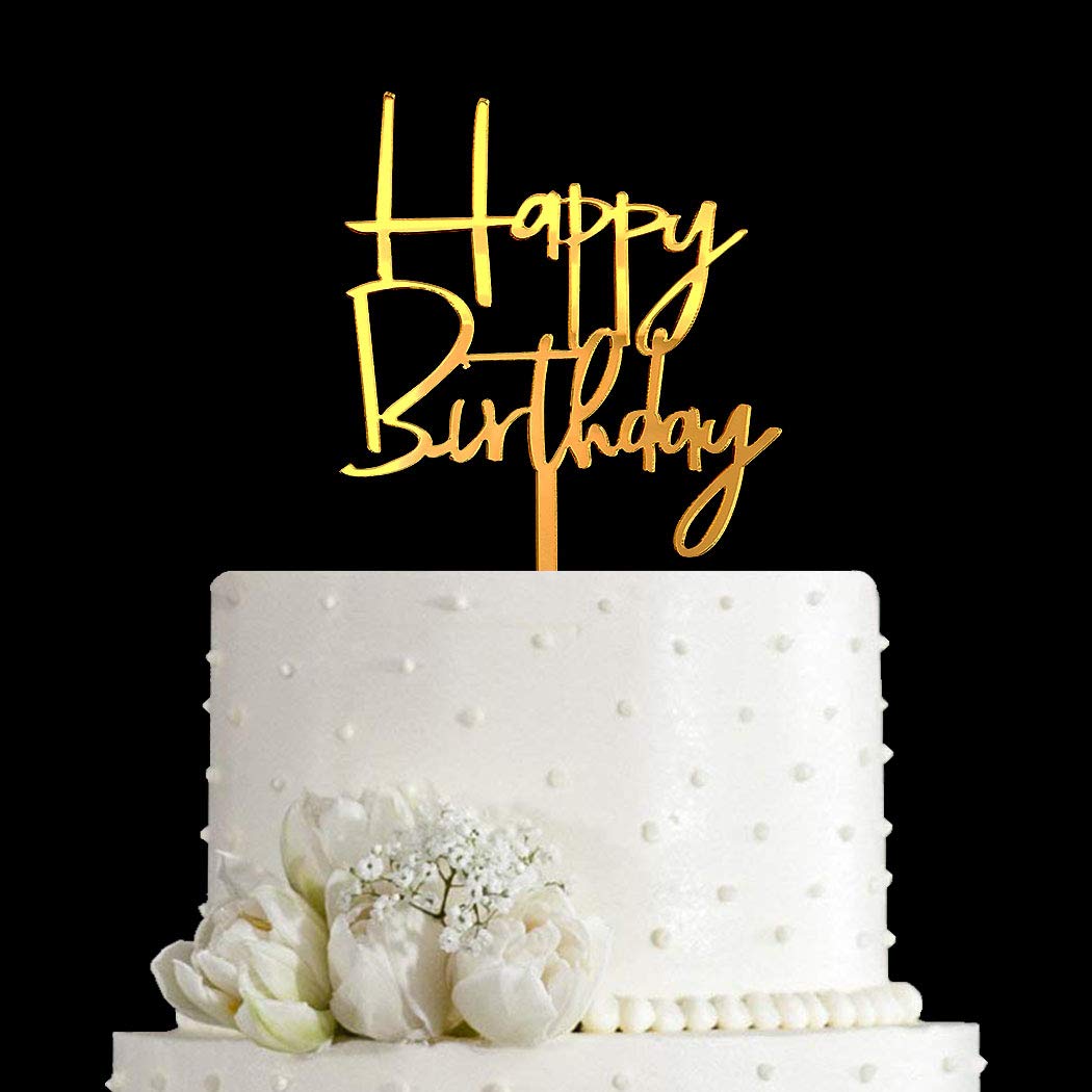 JIEEIN Happy Birthday Cake Topper - Mirror Gold Acrylic, Model NJ-0056