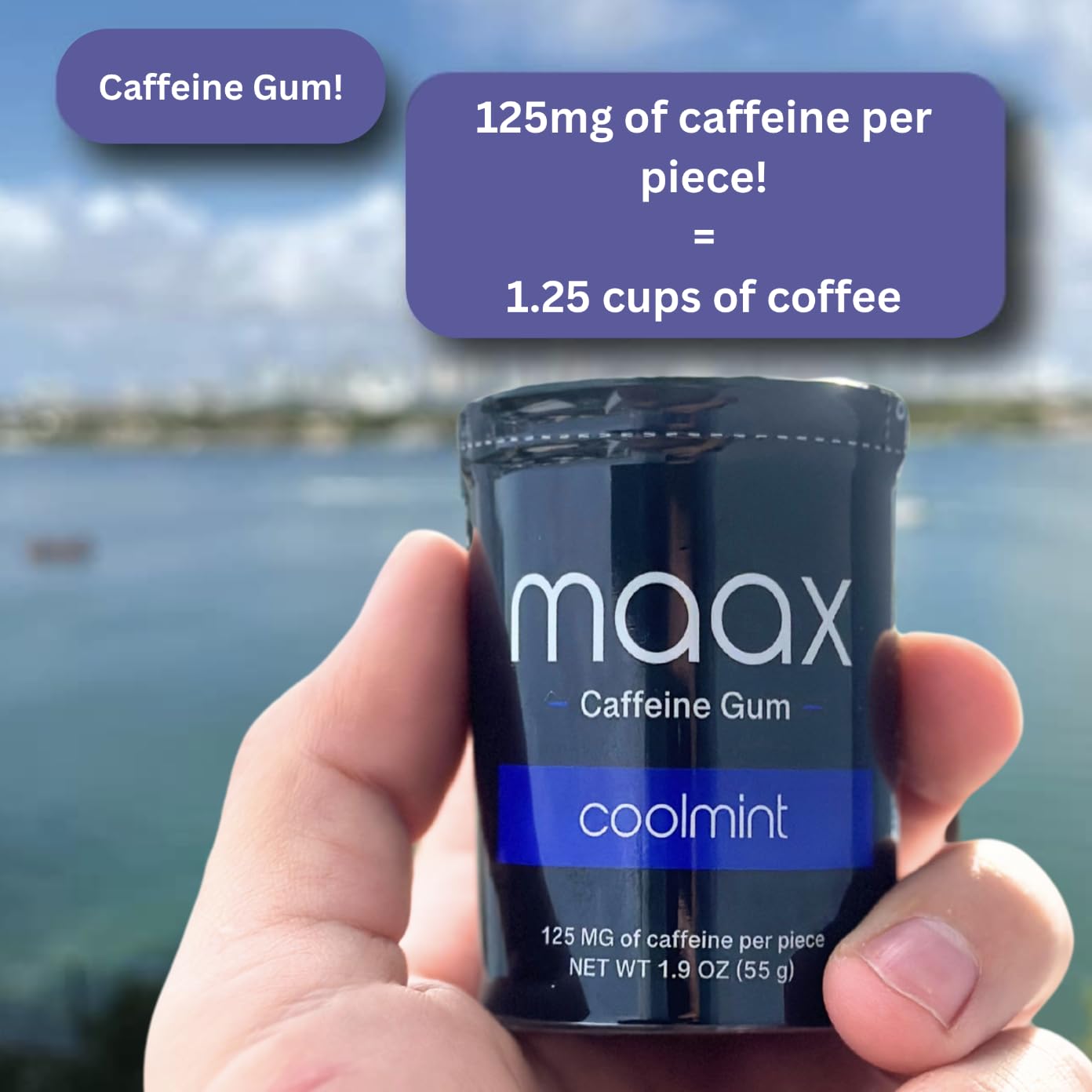 Maax Caffeine Energy Gum - Focus Gum with 125mg Caffeine per Piece, 25 Count, Coolmint Flavor