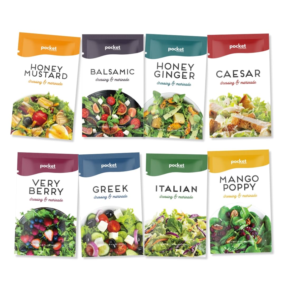 Pocket Flavors Variety Pack Listing - Balsamic  Caesar  Greek  Honey Flavor Blendger  Honey Mustard  Italian  Mango Poppy  And Very Berry (Small  8  Count)