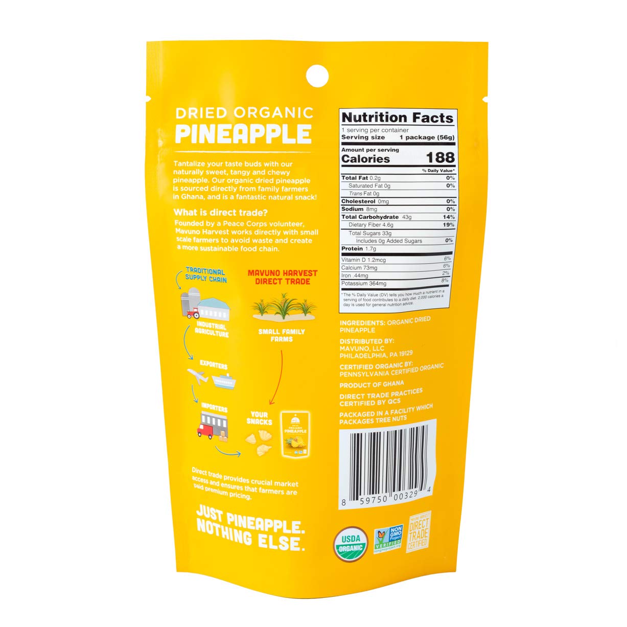 Mavuno Harvest Organic Dried Pineapple Chunks | Gluten Free | 2 Oz, Pack of 3