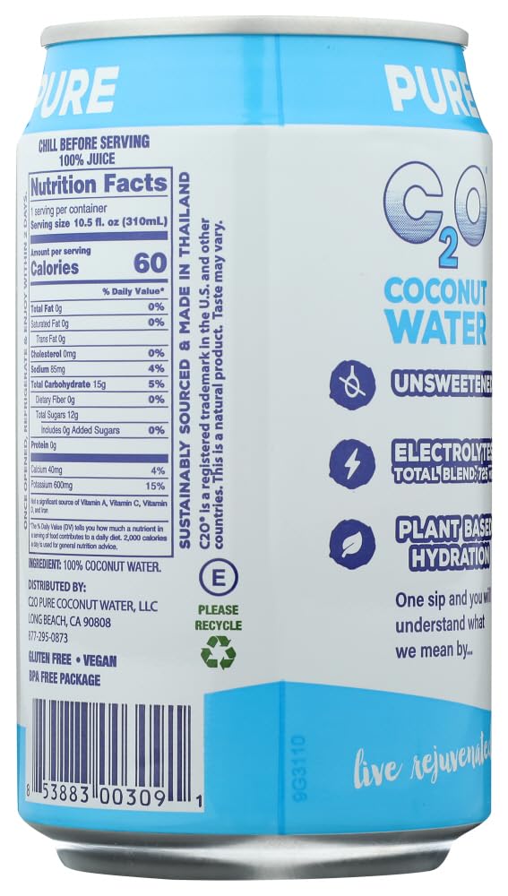 C2O Pure Coconut Water | Plant Based | Non-GMO | No Added Sugar | Essential Electrolytes | 10.5 FL OZ (Pack of 1)