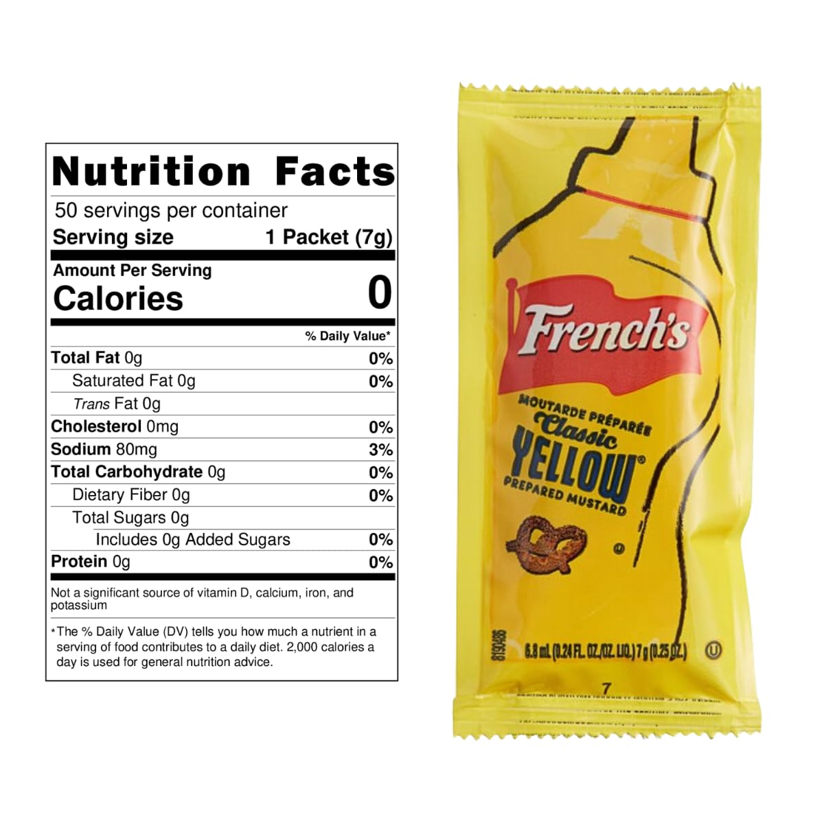 CHRONOS Frenchs Mustard Packets - 50 Count Single Serve (7g each) with Food Safe Slide Seal Bag