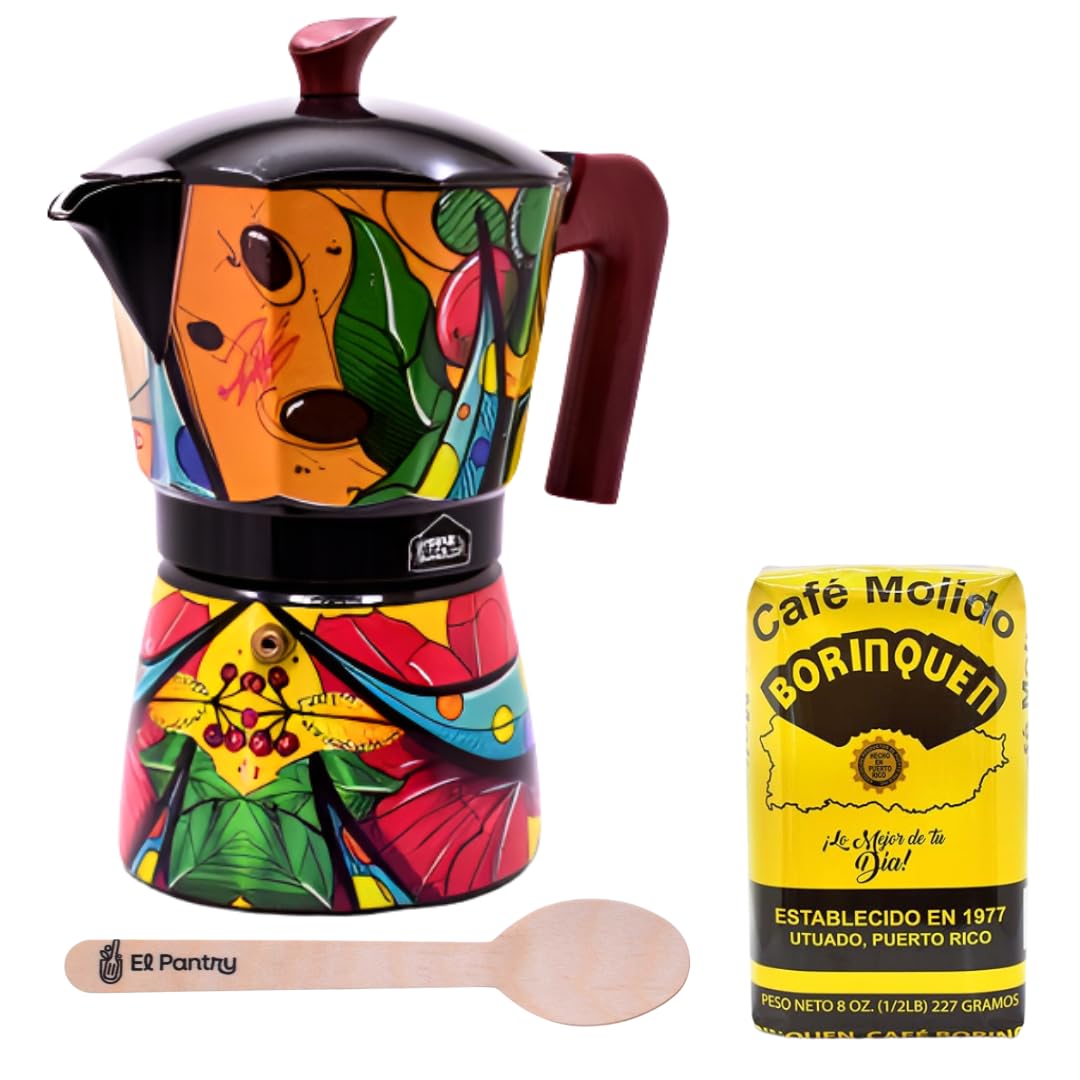 Puerto Rico Greca De Cafe Gift Set | Boricua Art By Joshua Montes Stovetop Coffee Maker & Moka Pot With Authentic Caf? Borinquen And Wooden Spoon| Cafetera | A Taste Of The Island  6 Espresso Cups