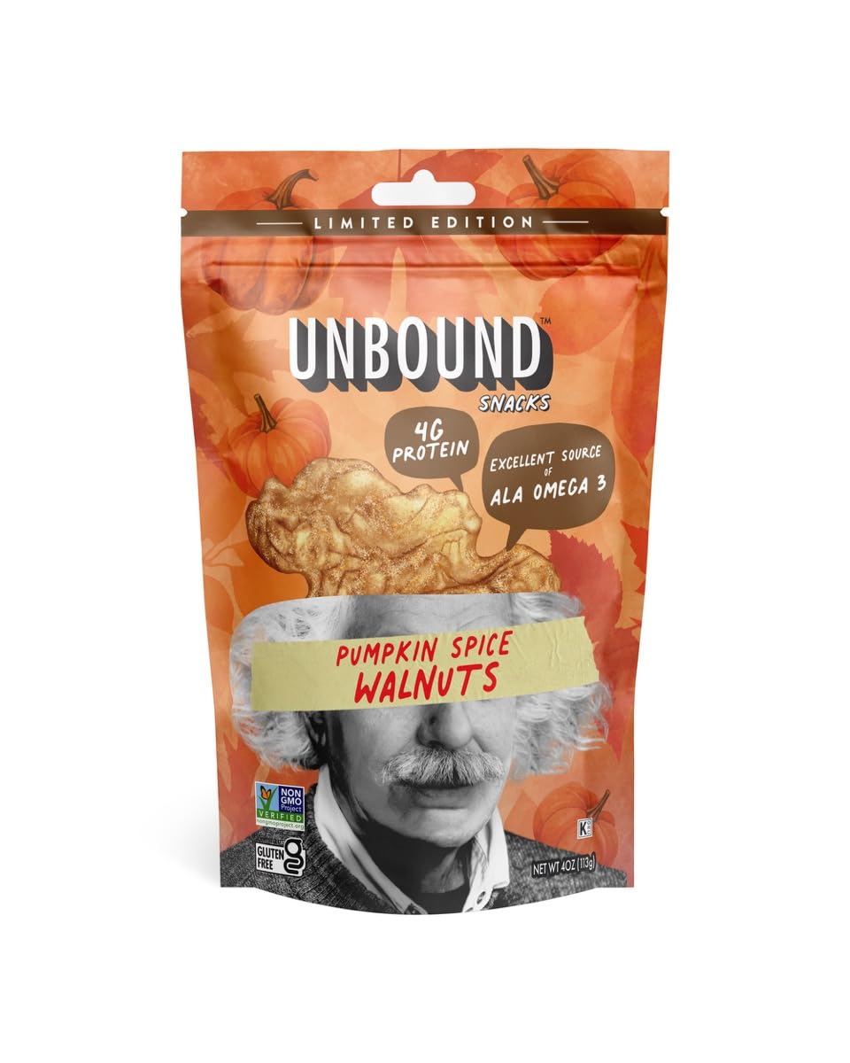 Unbound Snacks Flavored Nuts - Pumpkin Spice Walnuts, 4 oz (Pack of 4) - Healthy Snacks, 4g Protein, 1g Sugar, High in Omega 3, 