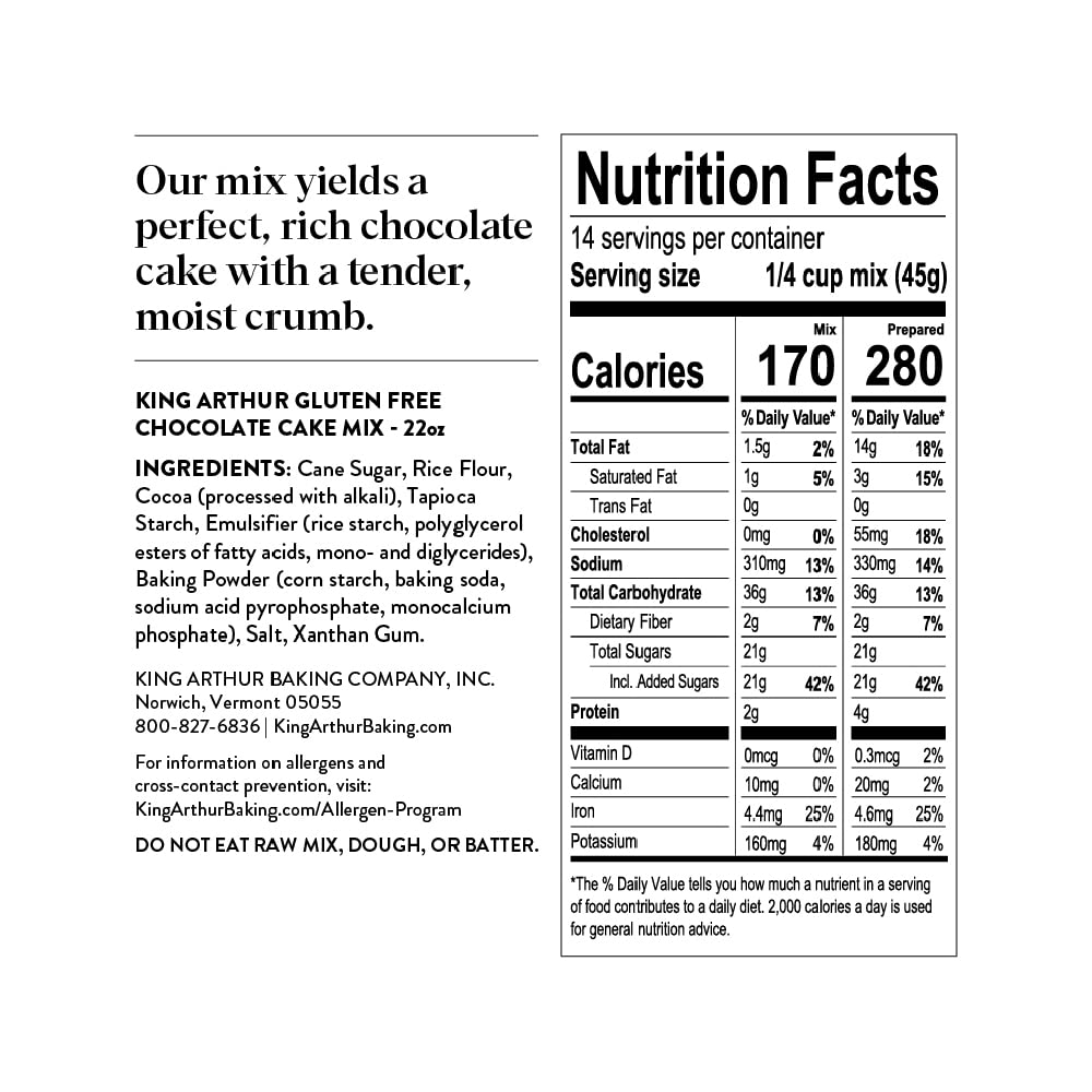 King Arthur Gluten Free Chocolate Cake Mix: Rich, Moist, and Delicious Dessert for Birthdays and Special Occasions - Non-GMO, Ko