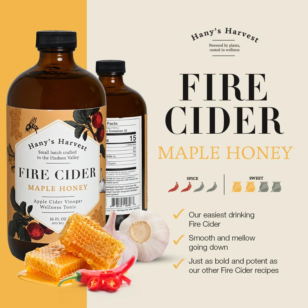 Hanys Harvest Maple Honey Fire Cider, All Natural Apple Cider Vinegar Wellness Tonic, 16 oz, Gluten-Free, Handcrafted