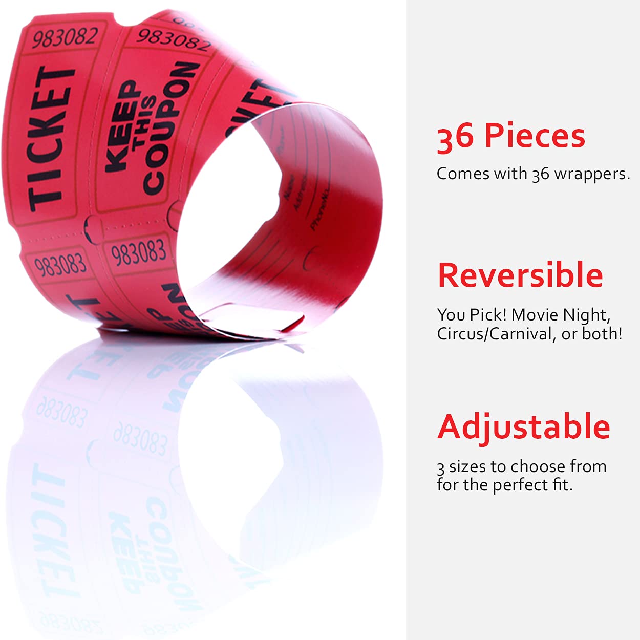 Pretty Cute Studios Raffle Ticket Cupcake Wrappers, 36 Count, Red, Cardstock - Circus, Carnival, Movie Night Party Decorations