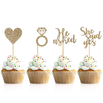 Donoter 48 Pcs Light Gold He Asked She Said Yes Cupcake Toppers Diamond Ring Heart Cake Picks For Wedding Engagement Party Cake